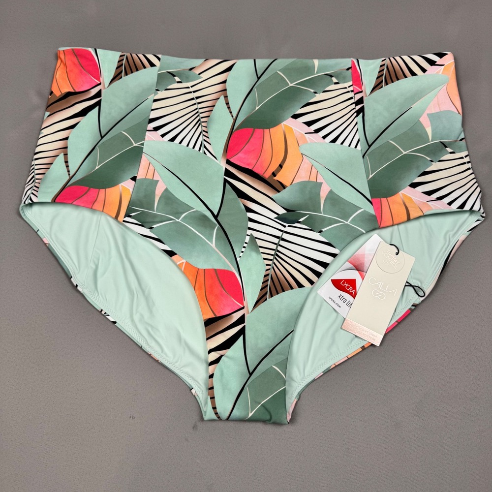 CALIA Womens 2X High Rise Swim Bottoms Desert Flora Agave Leaf Tummy Control NEW